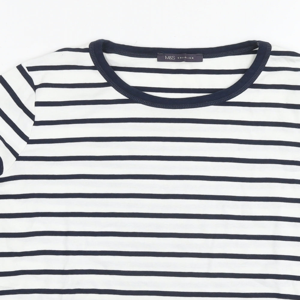 Marks and Spencer Womens White Striped Cotton Basic T-Shirt Size 18 Round Neck