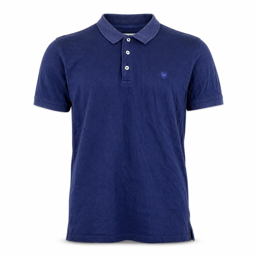 Front view of Zara men’s blue cotton polo, size L, collared pullover