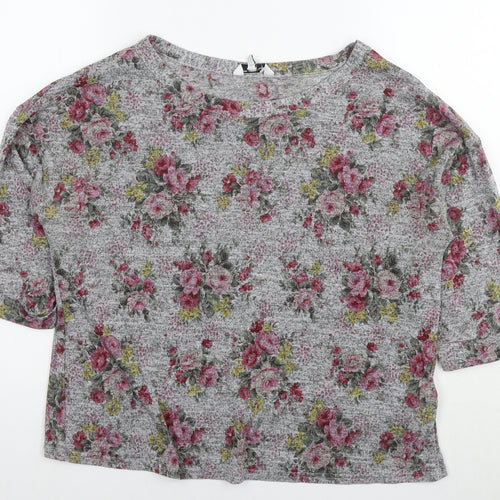 New Look Womens Grey Floral Polyester Basic T-Shirt Size 16 Round Neck