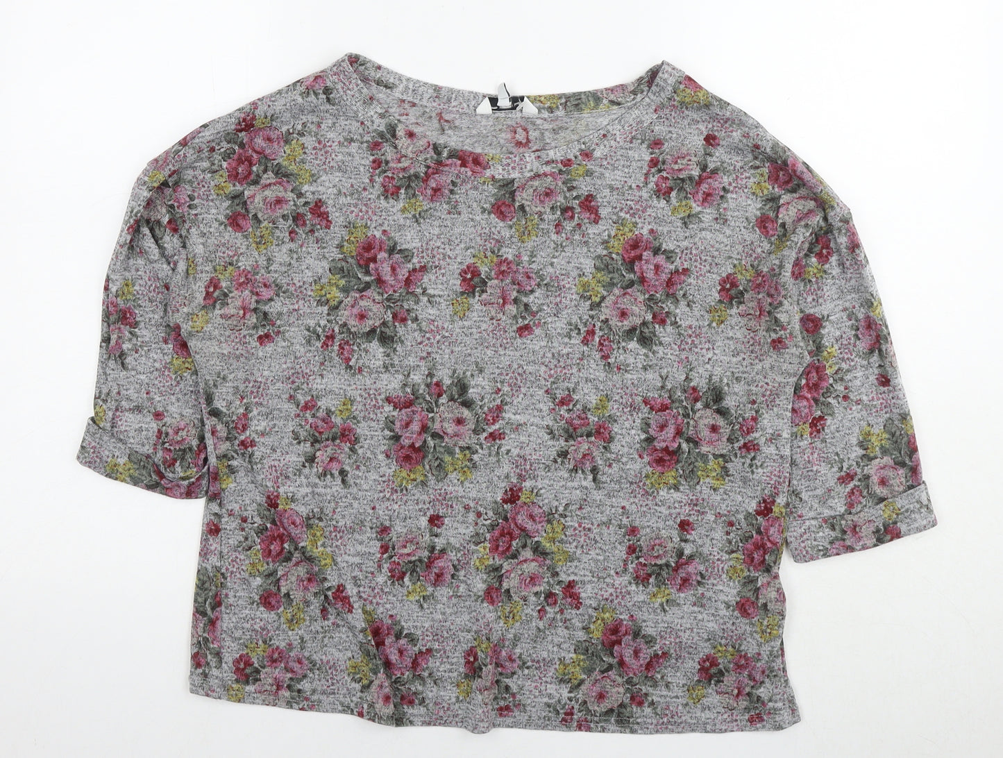 New Look Womens Grey Floral Polyester Basic T-Shirt Size 16 Round Neck