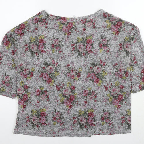 New Look Womens Grey Floral Polyester Basic T-Shirt Size 16 Round Neck