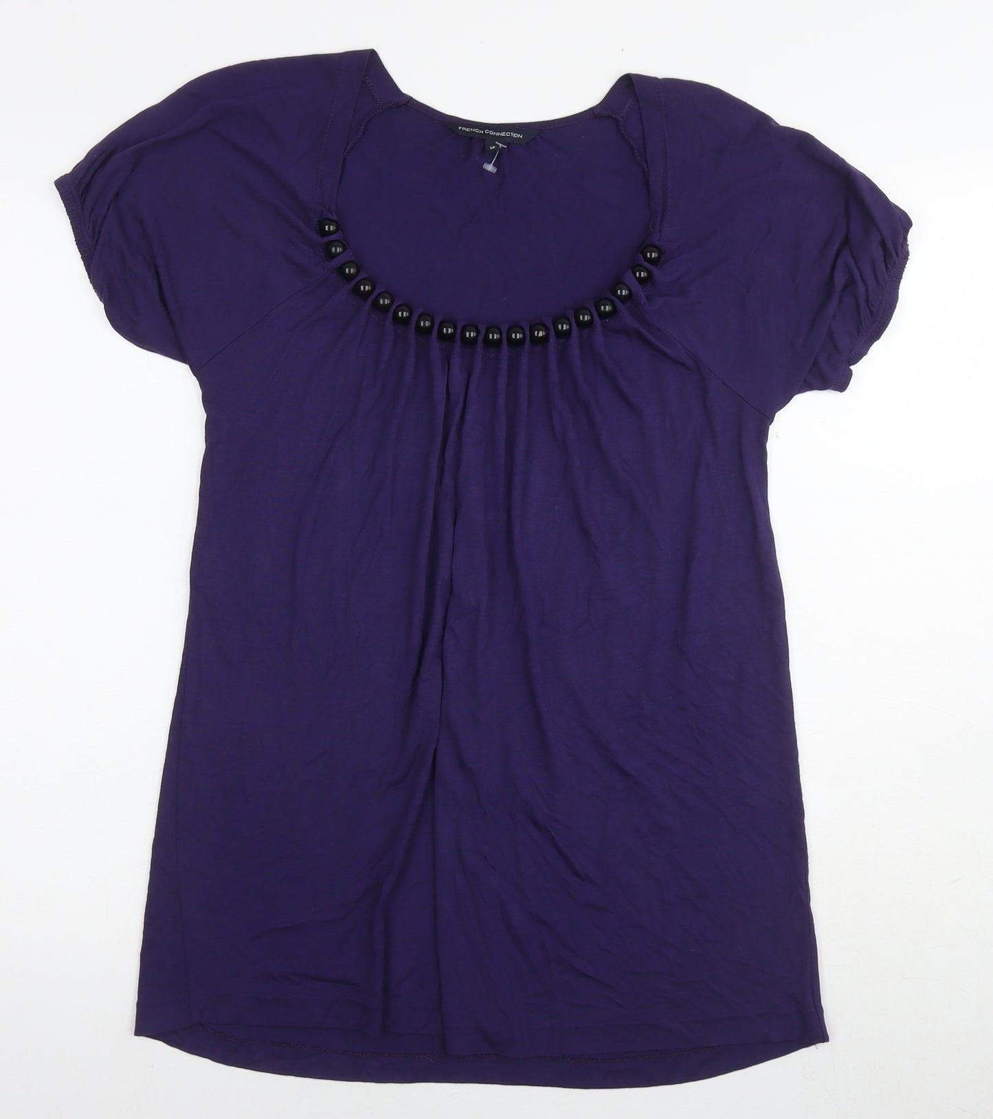 French Connection Womens Purple Viscose Basic Blouse Size 12 Round Neck - Pearl Detail