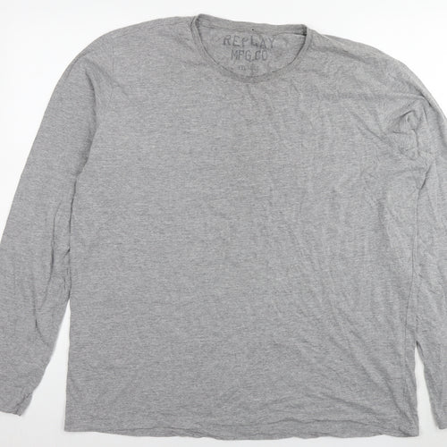 Replay Mens Grey Cotton T-Shirt Size 2XL Round Neck