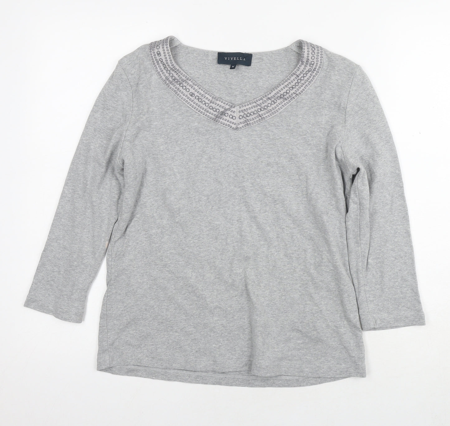 Viyella Womens Grey Cotton Basic Blouse Size M Round Neck - Sequin Detail