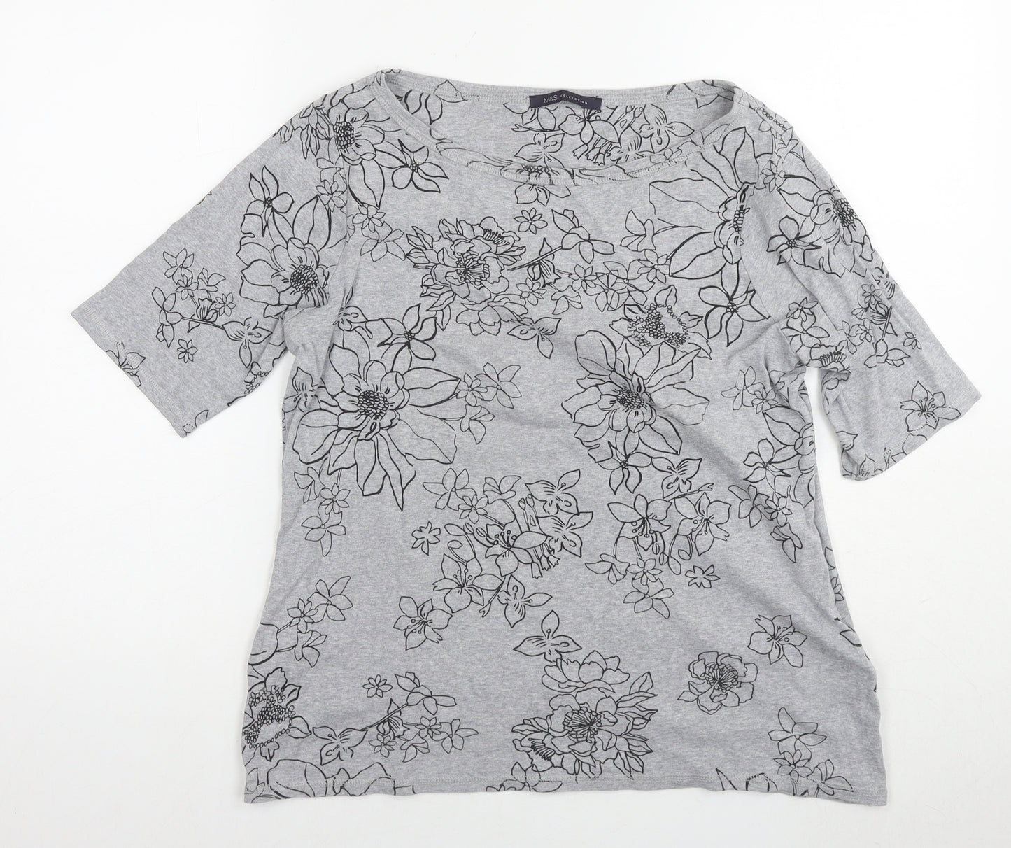 Marks and Spencer Womens Grey Floral Cotton Basic Blouse Size 16 Round Neck