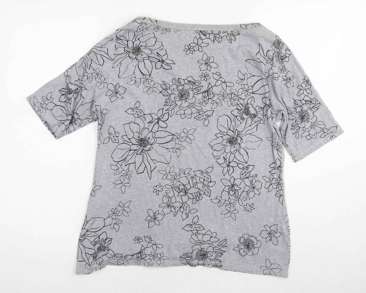 Marks and Spencer Womens Grey Floral Cotton Basic Blouse Size 16 Round Neck