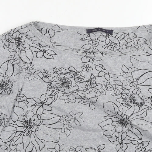 Marks and Spencer Womens Grey Floral Cotton Basic Blouse Size 16 Round Neck