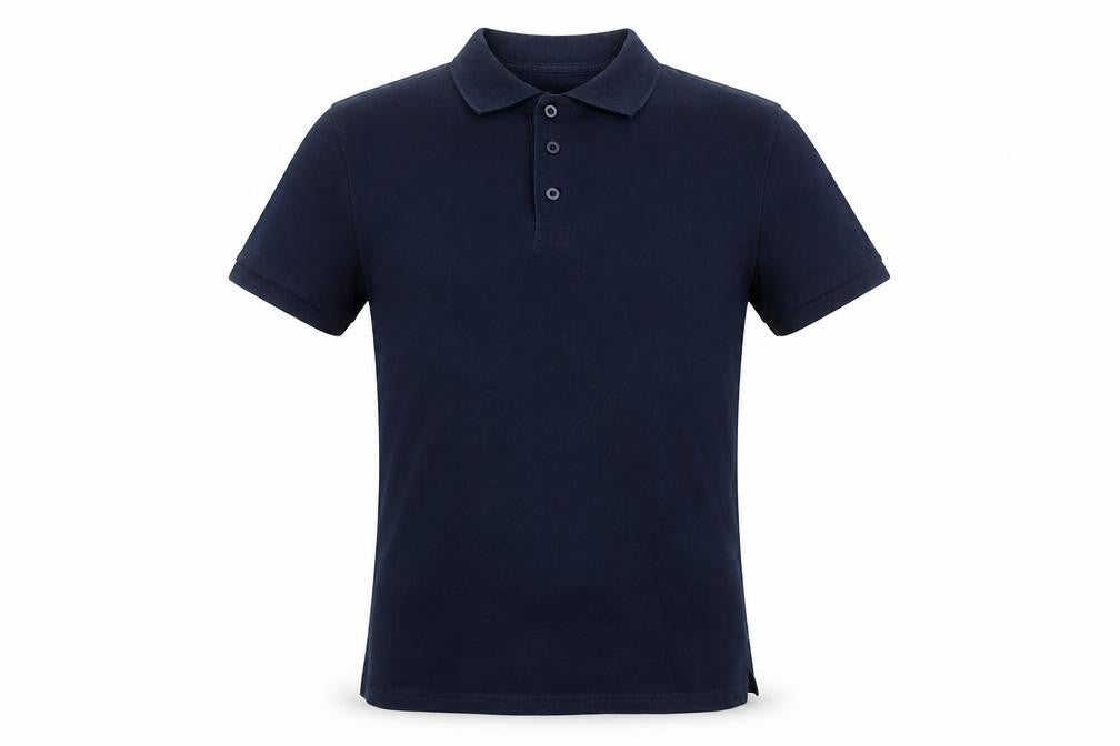 Front view of Topshop men’s blue cotton polo, size S, collared pullover
