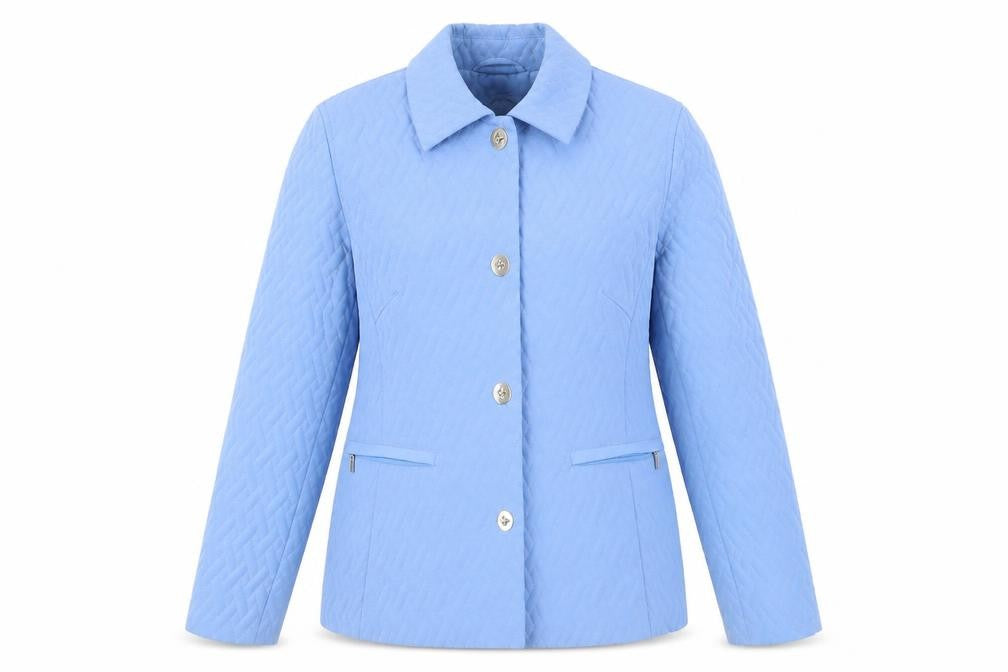 Front view of Talbots women’s blue quilted jacket, size S, - zipped pockets