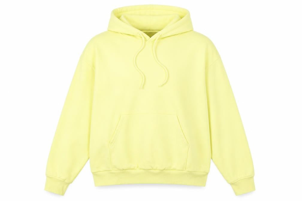 Front view of Weekday women’s yellow cotton pullover hoodie, size M, pullover - oversized