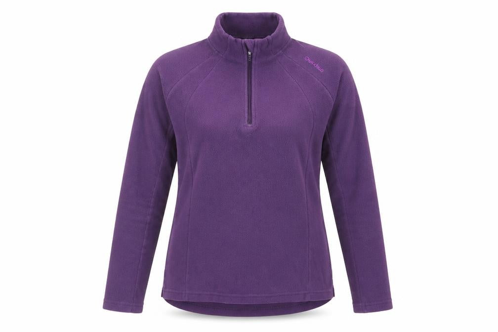 Front view of Oxylane women’s purple polyester pullover sweatshirt, size L, zip