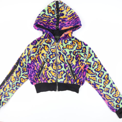 Club Exx Womens Multicoloured Animal Print Jacket Size M Zip - Hooded Faux Fur