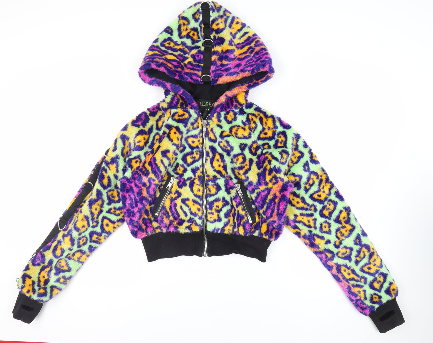 Club Exx Womens Multicoloured Animal Print Jacket Size M Zip - Hooded Faux Fur