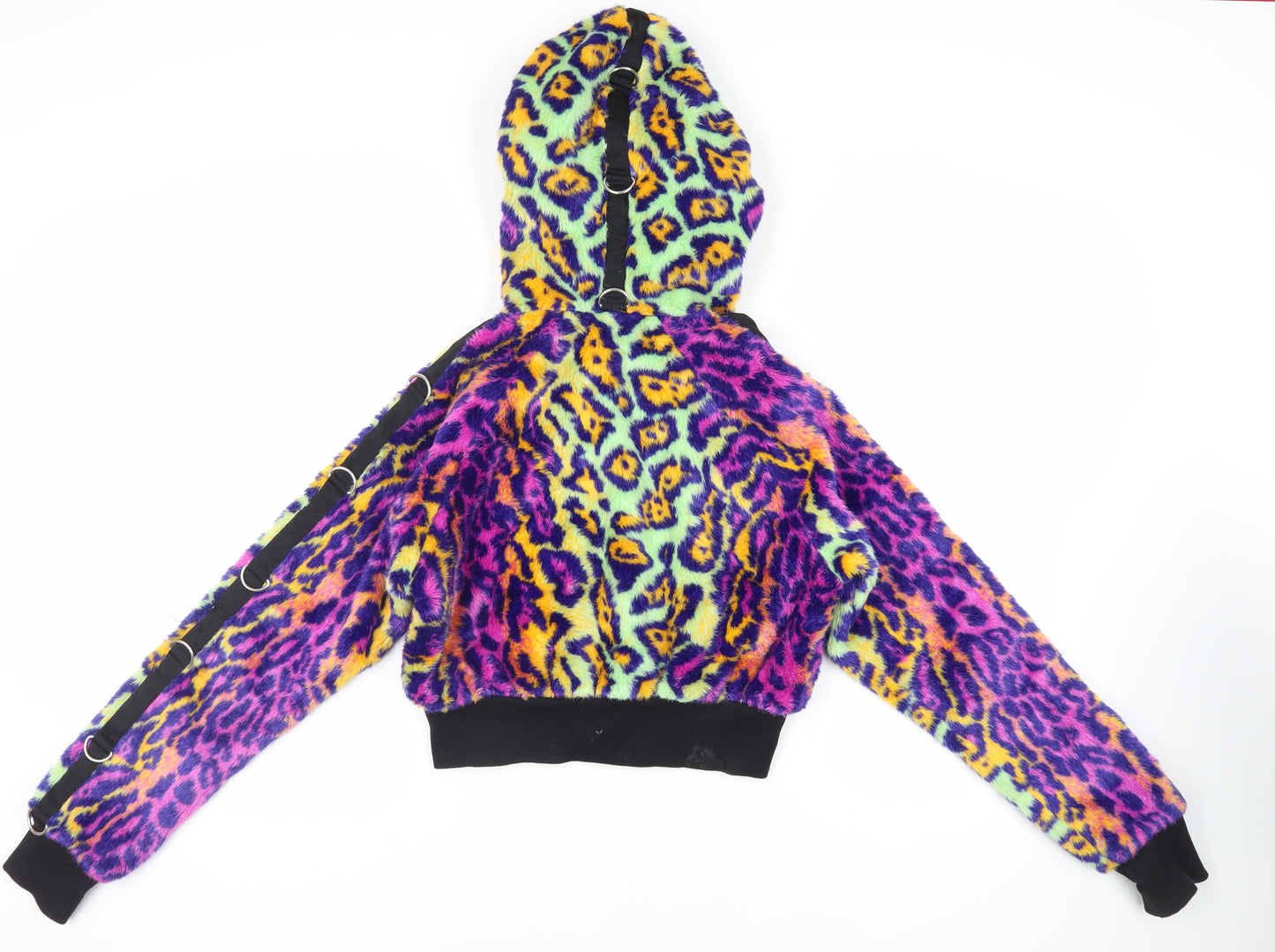Club Exx Womens Multicoloured Animal Print Jacket Size M Zip - Hooded Faux Fur