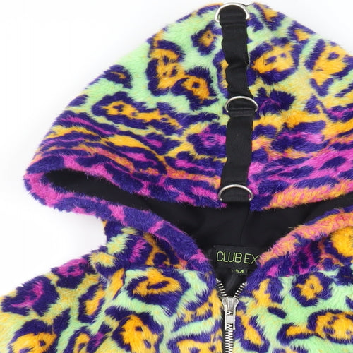 Club Exx Womens Multicoloured Animal Print Jacket Size M Zip - Hooded Faux Fur