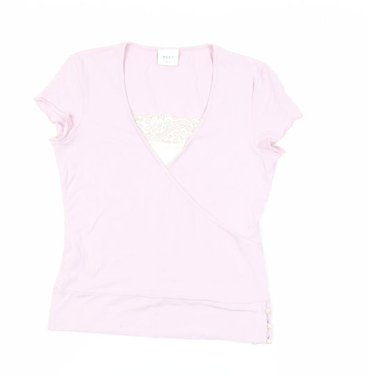 NEXT Womens Pink Viscose Basic T-Shirt Size 10 V-Neck - Lace Detail