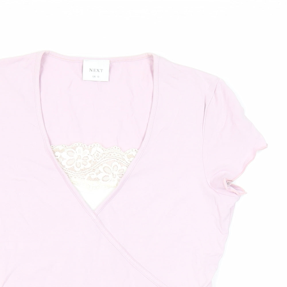 NEXT Womens Pink Viscose Basic T-Shirt Size 10 V-Neck - Lace Detail