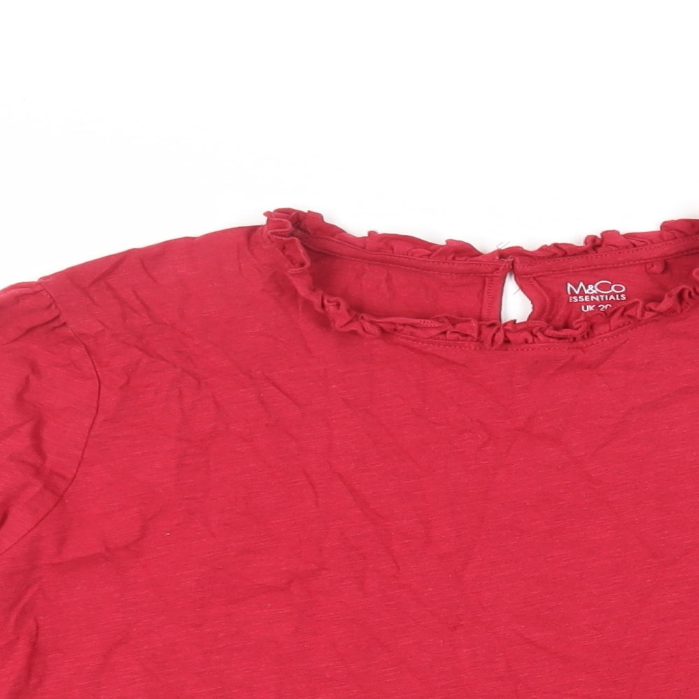 M&Co Womens Red Cotton Basic T-Shirt Size 20 Mock Neck - Ruffle Detail