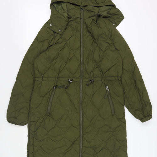 Marks and Spencer Womens Green Quilted Coat Size 14 Zip - Hooded Zipped Pockets