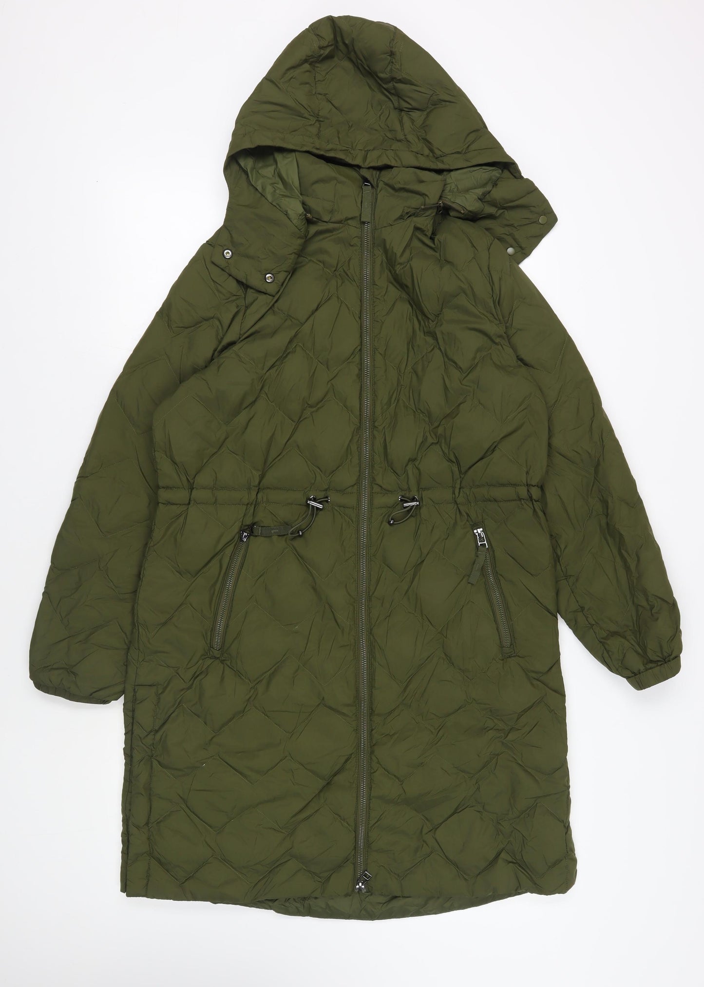 Marks and Spencer Womens Green Quilted Coat Size 14 Zip - Hooded Zipped Pockets