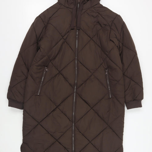 Marks and Spencer Womens Brown Quilted Coat Size 14 Zip - Hooded Zipped Pockets