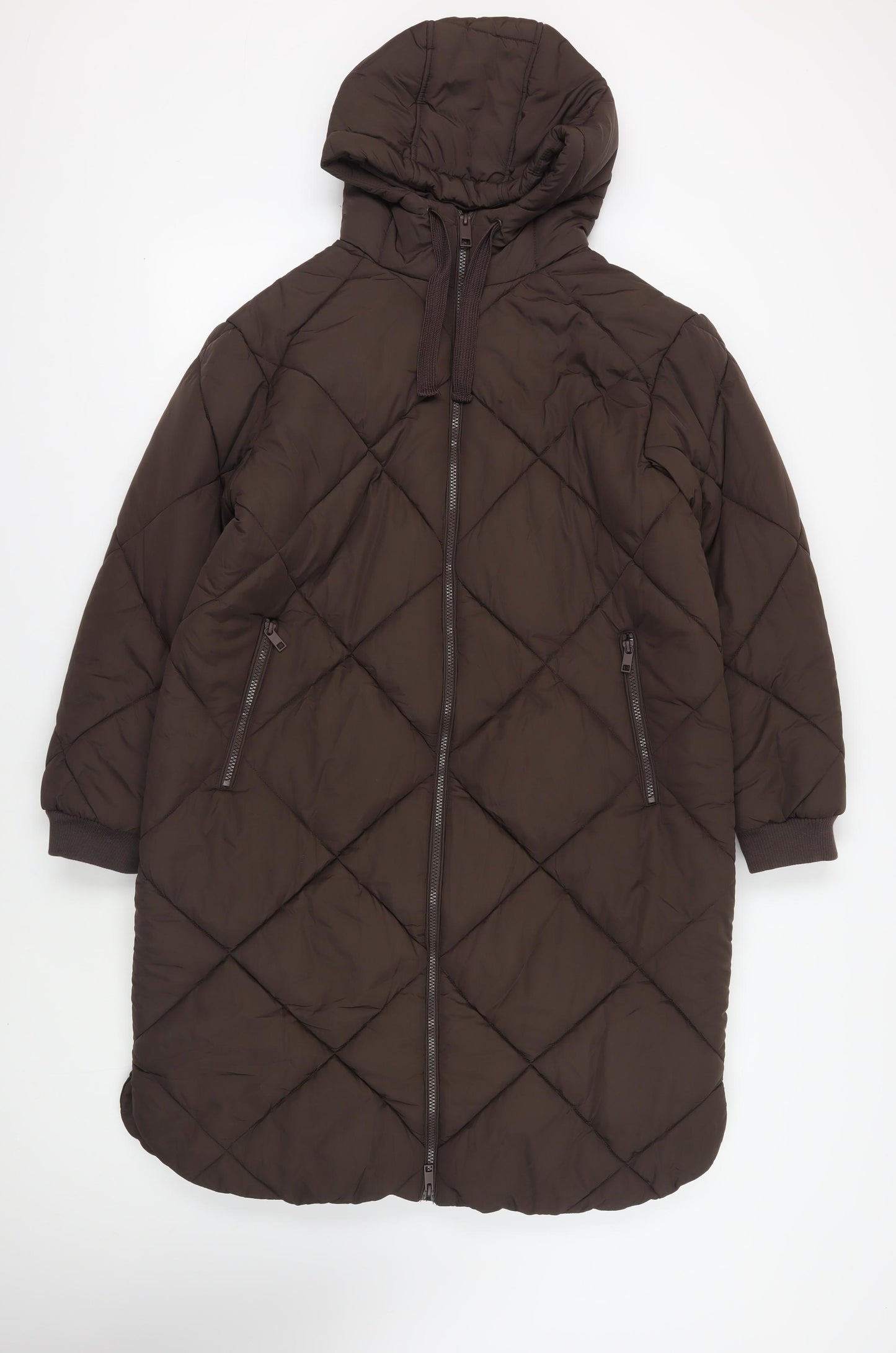 Marks and Spencer Womens Brown Quilted Coat Size 14 Zip - Hooded Zipped Pockets