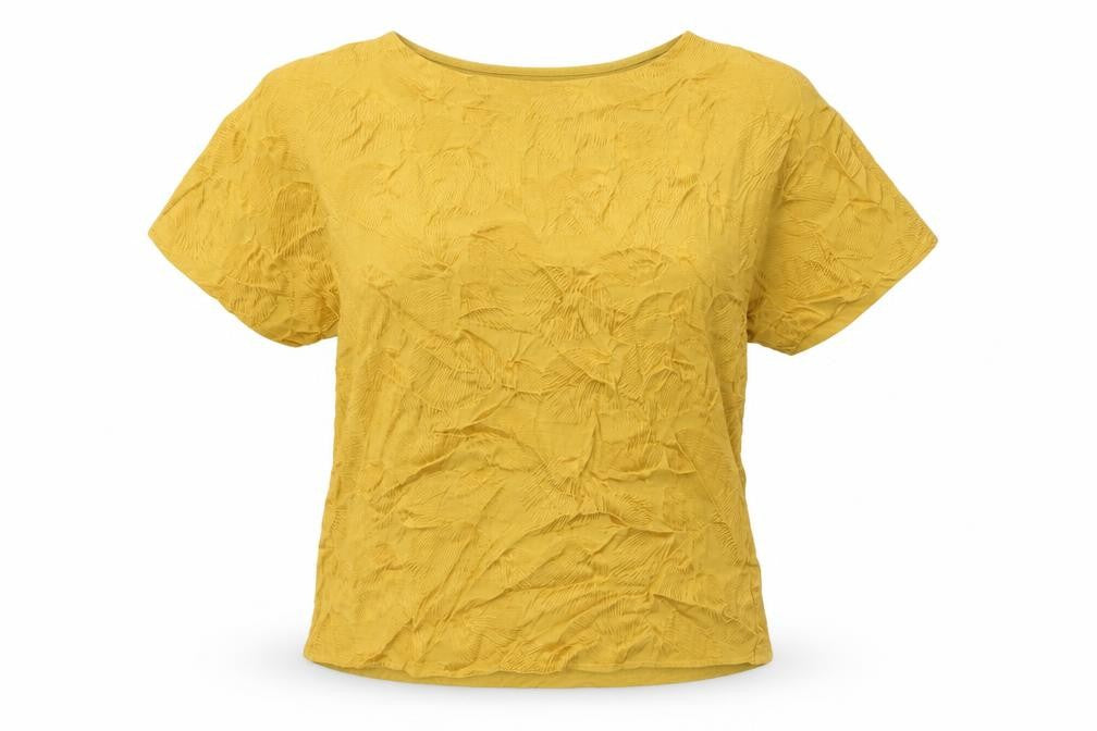 Front view of Marks & Spencer women’s yellow viscose basic blouse, size UK 8, boat neck