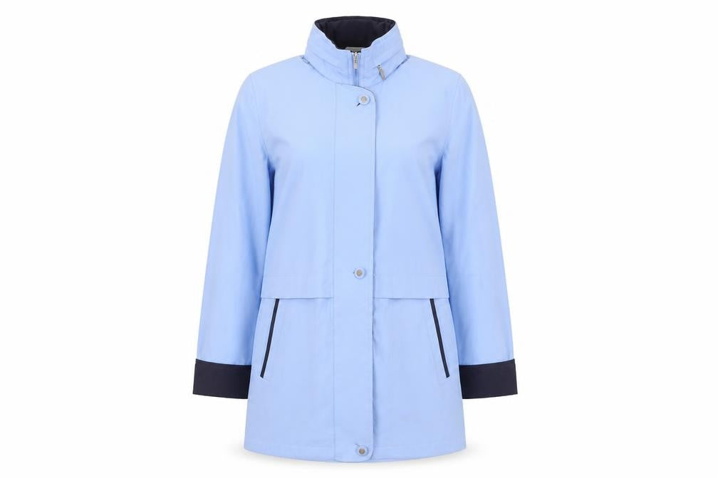 Front view of Marks & Spencer women’s blue overcoat coat, size UK 8, zip - lightweight