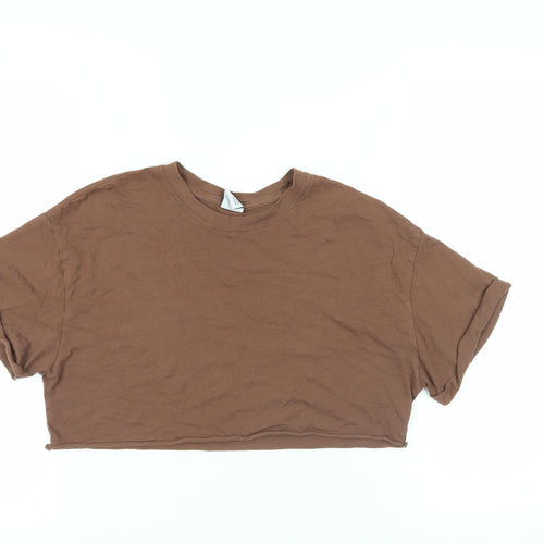 Bershka Womens Brown Cotton Cropped T-Shirt Size XS Crew Neck