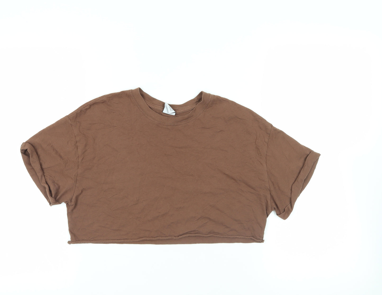 Bershka Womens Brown Cotton Cropped T-Shirt Size XS Crew Neck