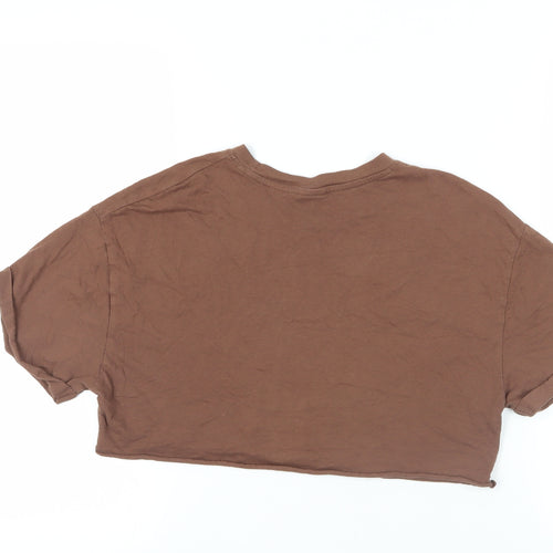 Bershka Womens Brown Cotton Cropped T-Shirt Size XS Crew Neck