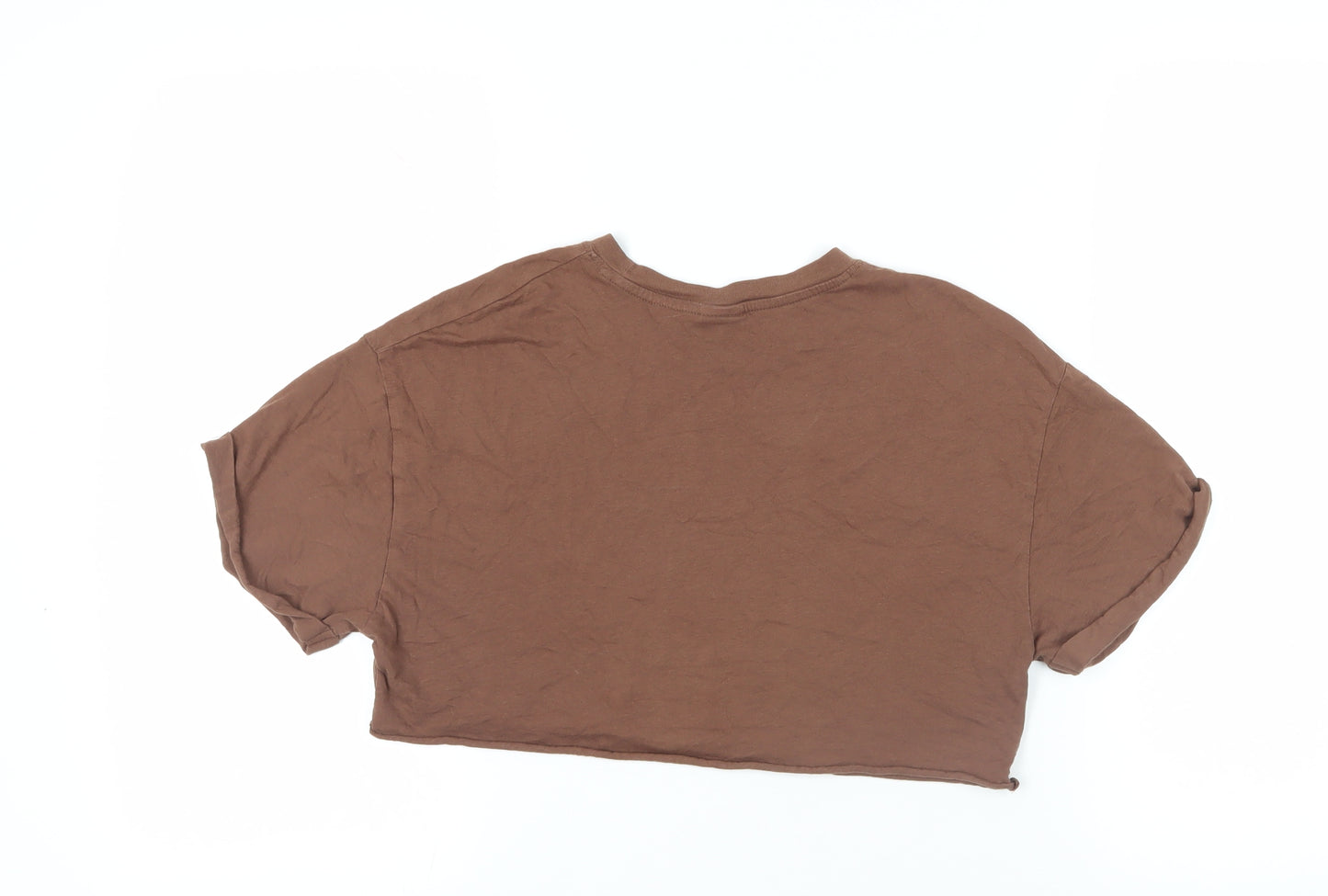 Bershka Womens Brown Cotton Cropped T-Shirt Size XS Crew Neck