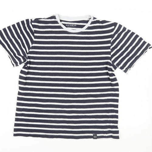 Pull&Bear Womens Blue Striped Cotton Basic T-Shirt Size S Crew Neck