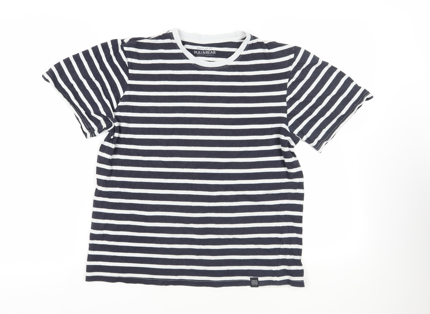 Pull&Bear Womens Blue Striped Cotton Basic T-Shirt Size S Crew Neck