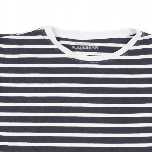 Pull&Bear Womens Blue Striped Cotton Basic T-Shirt Size S Crew Neck