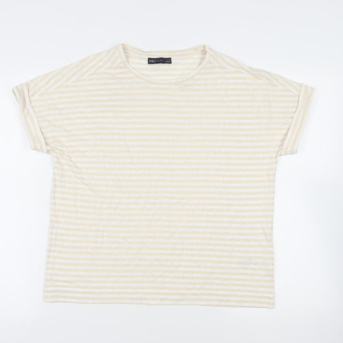 Marks and Spencer Womens Beige Striped Linen Basic T-Shirt Size 14 Crew Neck