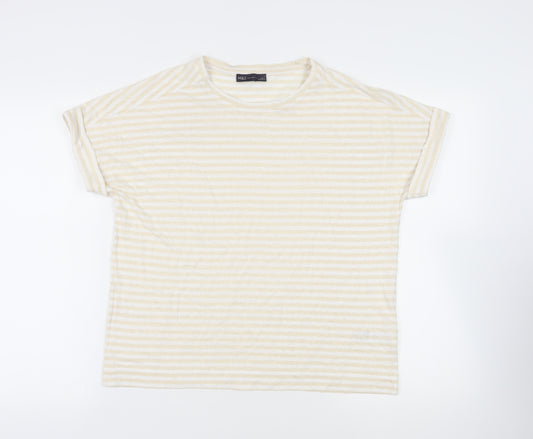 Marks and Spencer Womens Beige Striped Linen Basic T-Shirt Size 14 Crew Neck