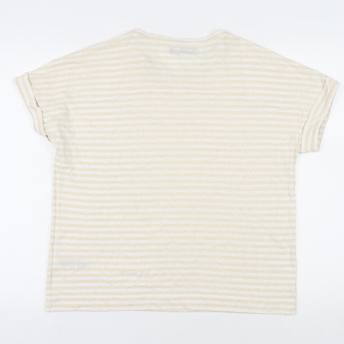 Marks and Spencer Womens Beige Striped Linen Basic T-Shirt Size 14 Crew Neck