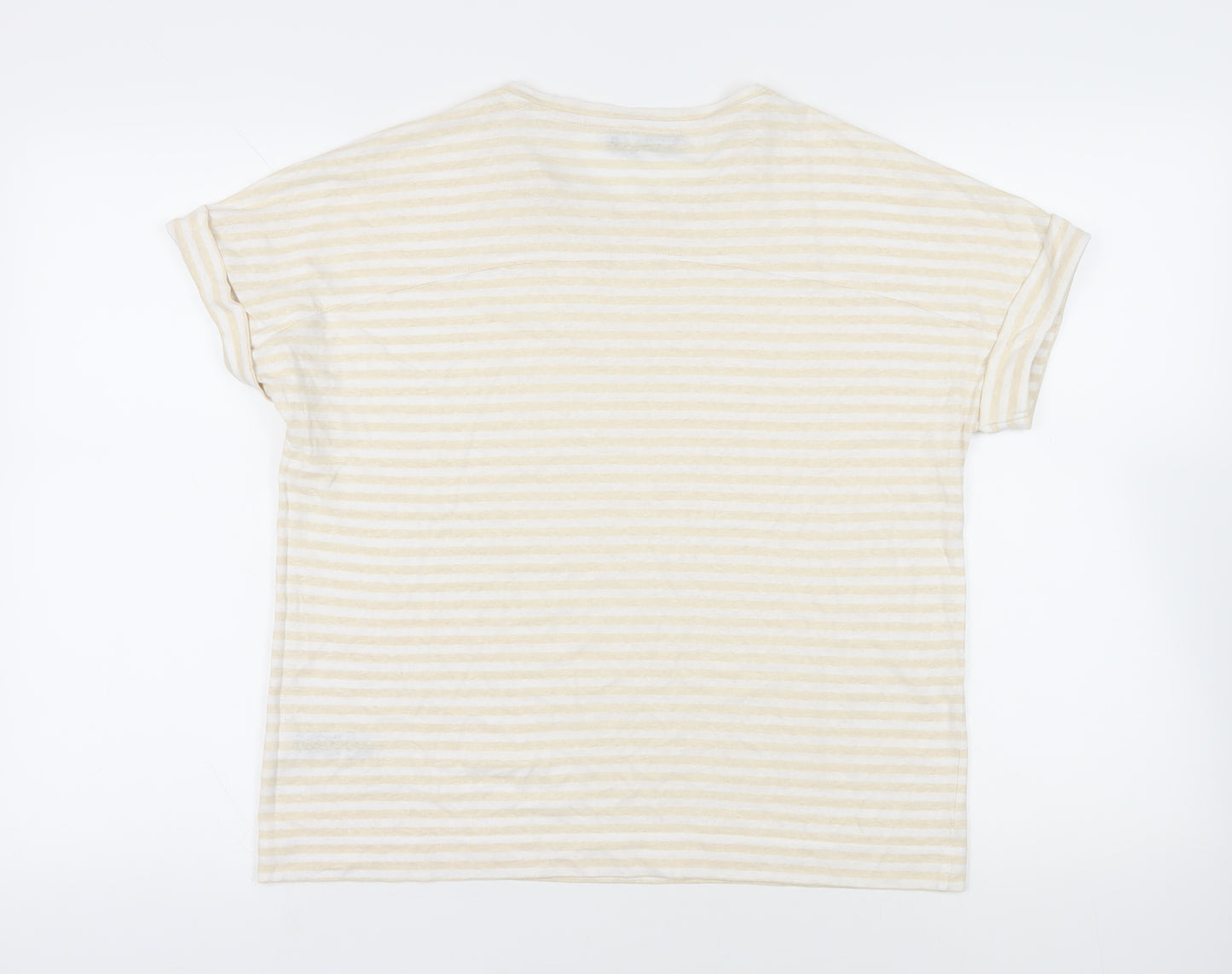 Marks and Spencer Womens Beige Striped Linen Basic T-Shirt Size 14 Crew Neck