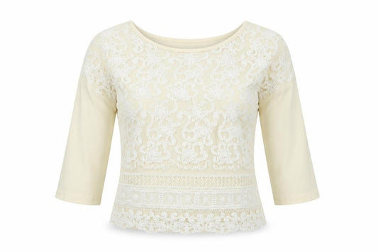 Front view of Next women’s ivory cotton basic blouse, size UK 6, boat neck - lace front detail