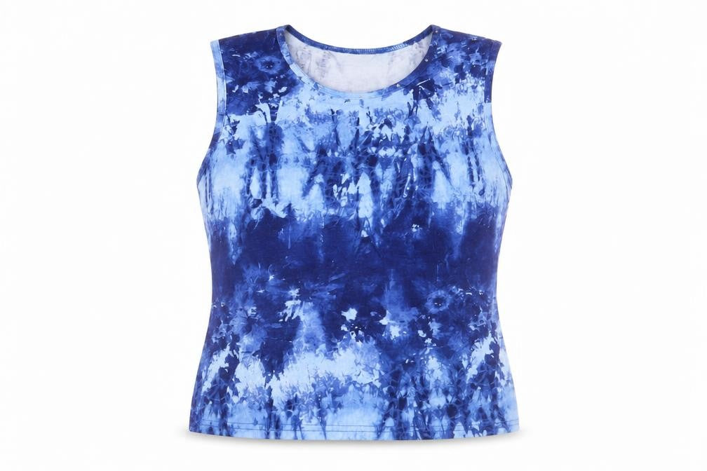 Front view of Blue Star women’s blue geometric viscose basic tank, size UK 12, round neck - tie-dye