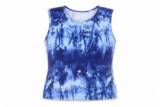 Front view of Blue Star women’s blue geometric viscose basic tank, size UK 12, round neck - tie-dye