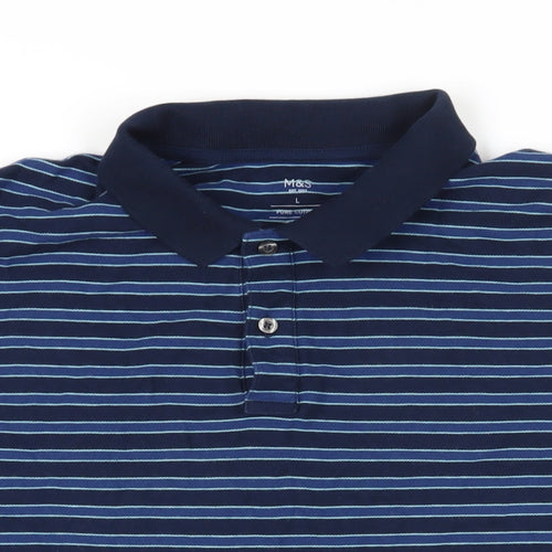 Marks and Spencer Mens Blue Striped Cotton Polo Size L Collared Button