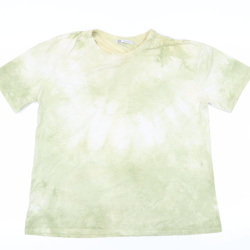 Zara Womens Green Geometric Cotton Basic T-Shirt Size M Crew Neck - Tie-Dye