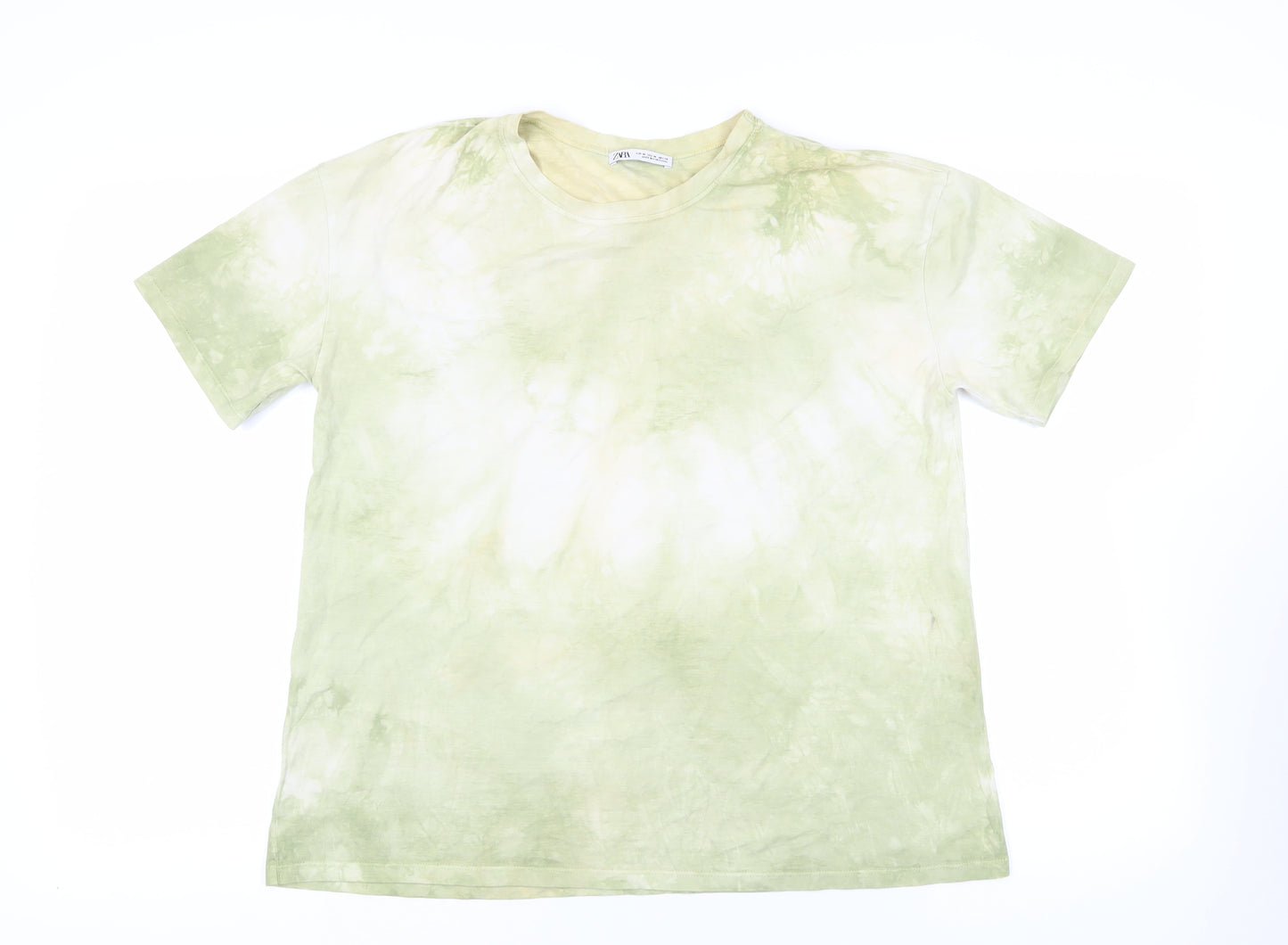 Zara Womens Green Geometric Cotton Basic T-Shirt Size M Crew Neck - Tie-Dye