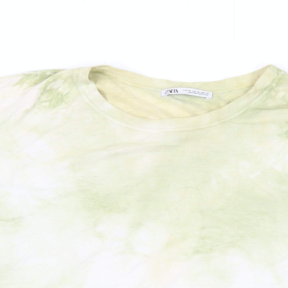 Zara Womens Green Geometric Cotton Basic T-Shirt Size M Crew Neck - Tie-Dye