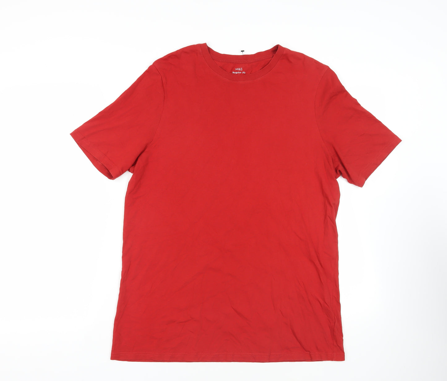 Marks and Spencer Mens Red Cotton T-Shirt Size L Crew Neck