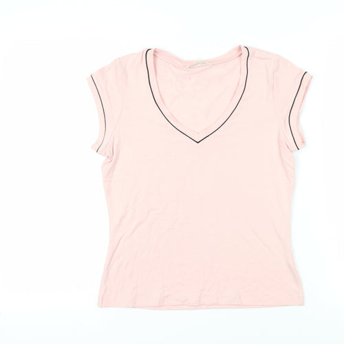 Marks and Spencer Womens Pink Viscose Basic T-Shirt Size 12 V-Neck - Contrasting Trim