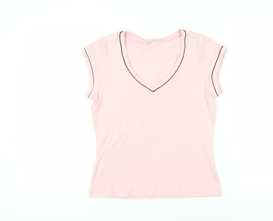 Marks and Spencer Womens Pink Viscose Basic T-Shirt Size 12 V-Neck - Contrasting Trim