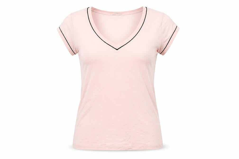 Marks and Spencer Womens Pink Viscose Basic T-Shirt Size 12 V-Neck - Contrasting Trim